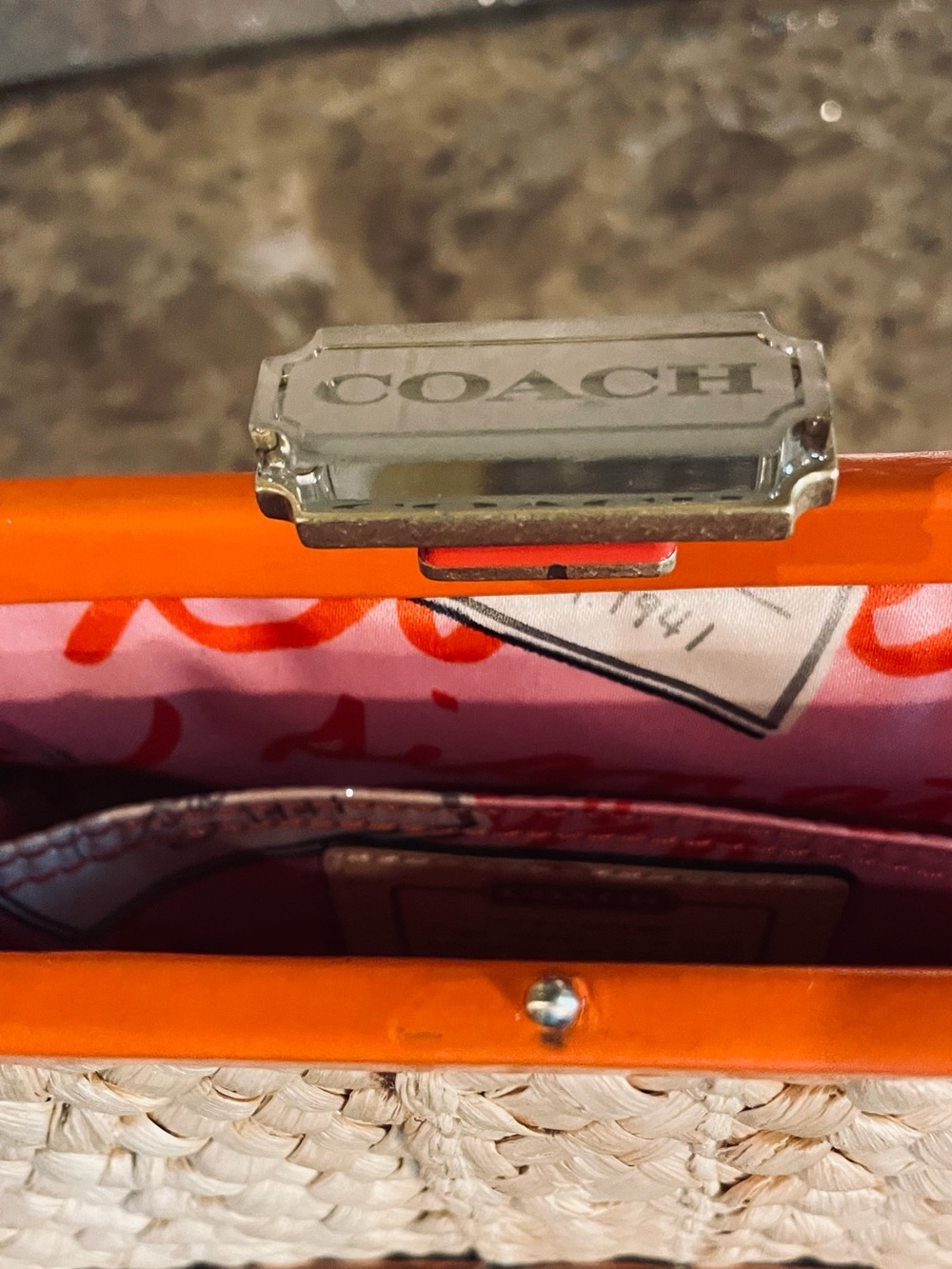COACH Vintage Orange Straw Leather Minaudière Clutch WITH Motif Chain Bag Charm - Picture 13 of 17